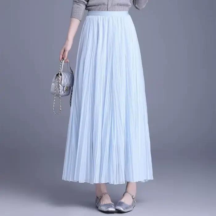 Jupe longue plissée taille haute en gaze violette pour femme