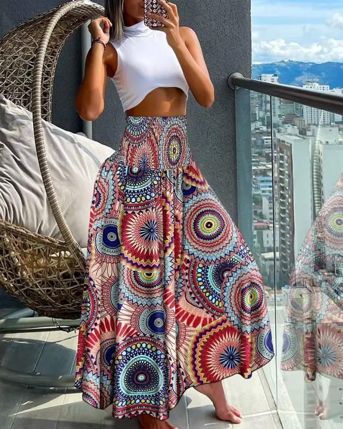 Jupe longue à taille haute pour femme, imprimé floral, silhouette en A, pour les vacances d'été à la plage