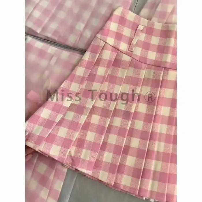 Jupe plissée à carreaux rose pour femmes