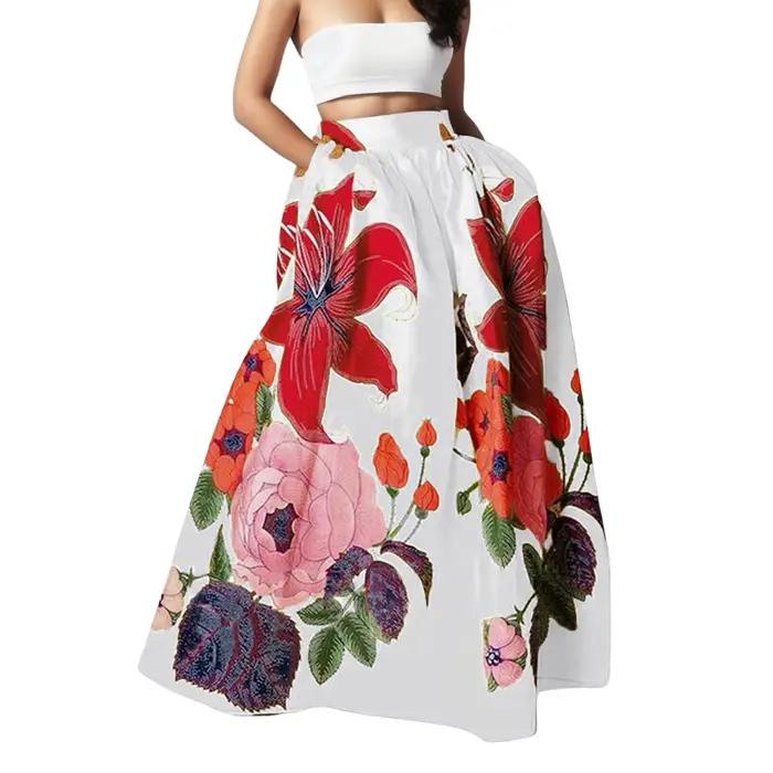 Jupe Maxi bohème imprimé fleuri pour femmes taille haute poche plage fête longue