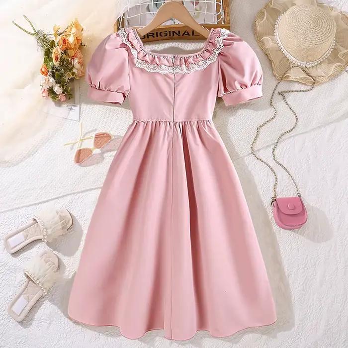 Robe jupe longue rose douce et élégante pour filles de 8 à 12 ans, col carré, manches bulles, robe de soirée de princesse en dentelle, été
