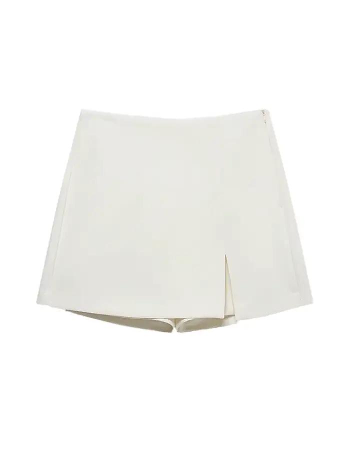 Jupe-short taille haute pour femme avec fente avant et fermeture éclair latérale, polyester tissé, disponible en plusieurs couleurs et tailles pour toutes les saisons