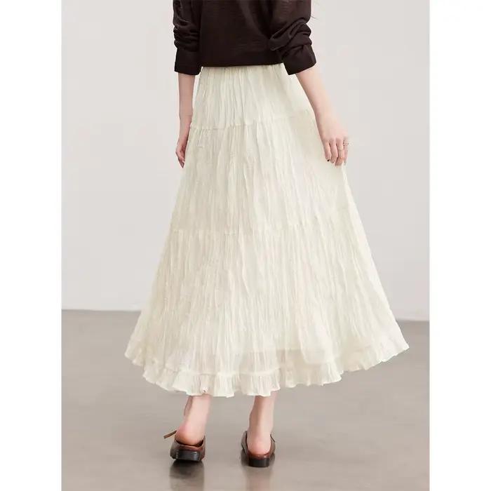 Jupe longue plissée à volants VIMLY Elegance abricot pour femme