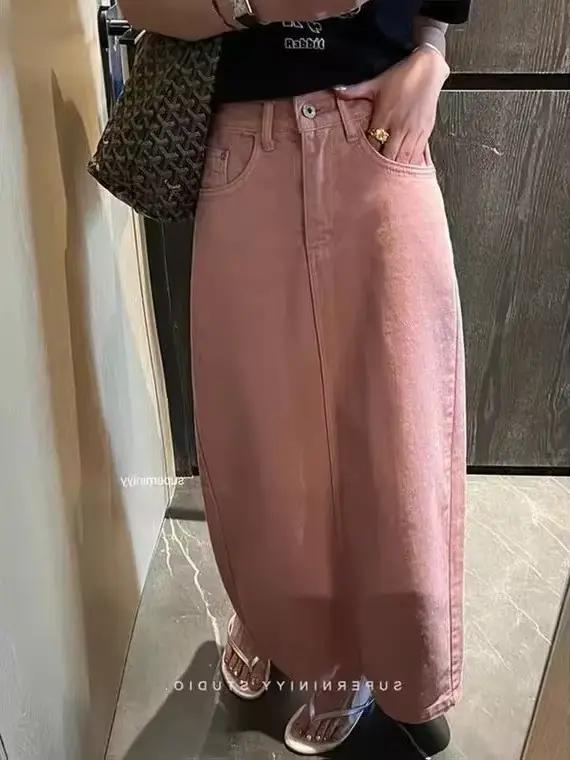 Jupe en jean rose taille haute pour femmes, style paresseux rétro, mince, mode coréenne, jupes longues fendues polyvalentes, décontracté, été, nouveau