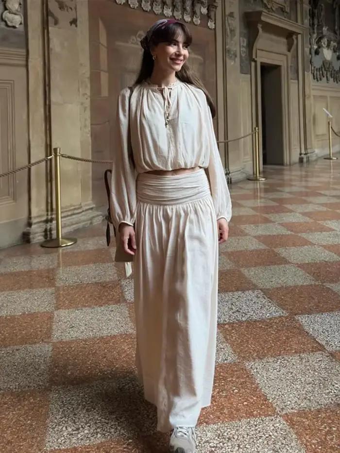 Ensemble jupe ample plissée et haut à col en V pour femme, chic et polyvalent pour le bureau, soirées et plage
