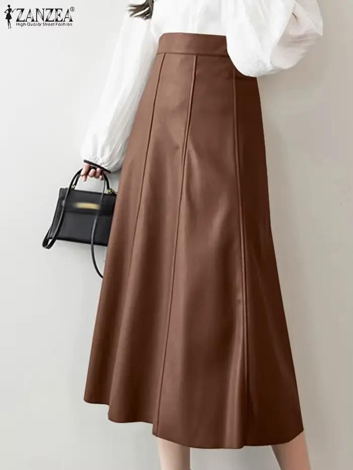Jupe mi-longue en cuir PU pour femme