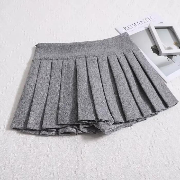 Jupe plissée en laine pour femme junior style préppy automne hiver minijupe taille basse fente latérale gris clair gris foncé noir