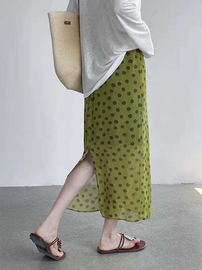 [EAM] Jupe mi-longue trapèze en mousseline à pois verts, taille haute élastique, fente arrière, pour femme, nouvelle collection Printemps-Été 2026, 1DJ8180