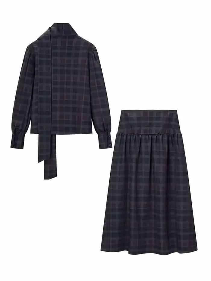 HH femme jupe costume mode Plaid manches longues simple boutonnage col en V chemise hauts + Chic taille haute fermeture