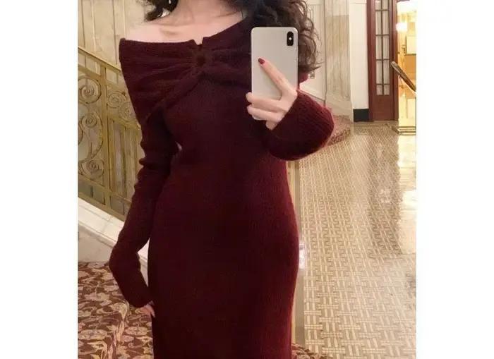 Robe en tricot à grand col pour femme, style automne-hiver, nouvelle collection, rétro, élégante, asymétrique, longue jupe