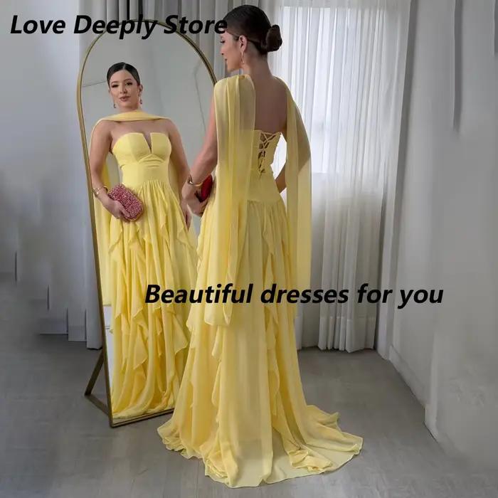 Robe de soirée jaune personnalisée, col cœur, en mousseline de soie, à volants, coupe trapèze, longueur ras du sol, robe de soirée formelle élégante pour bal de promo