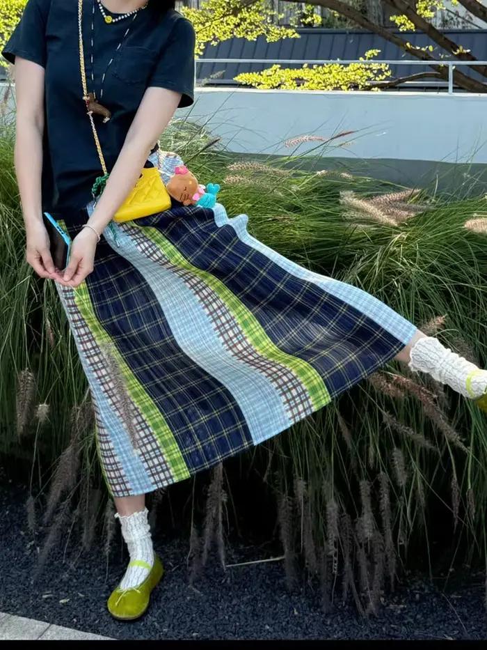 Jupe crayon plissée droite à carreaux rétro colorée et longue pour femme