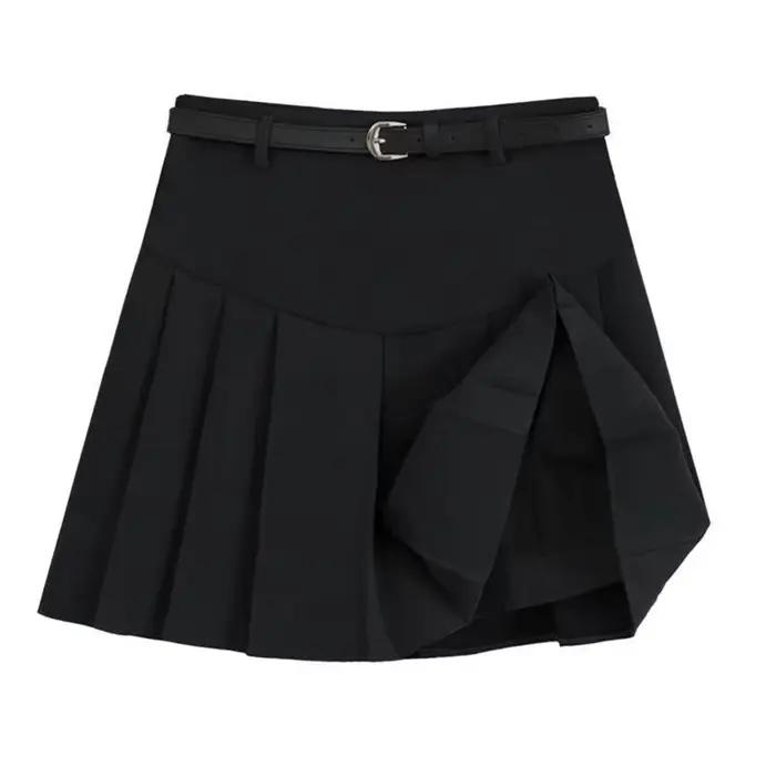 Jupe mini a-ligne femme décontractée haute empire printemps été acrylique polyester solide drap fin café gris noir