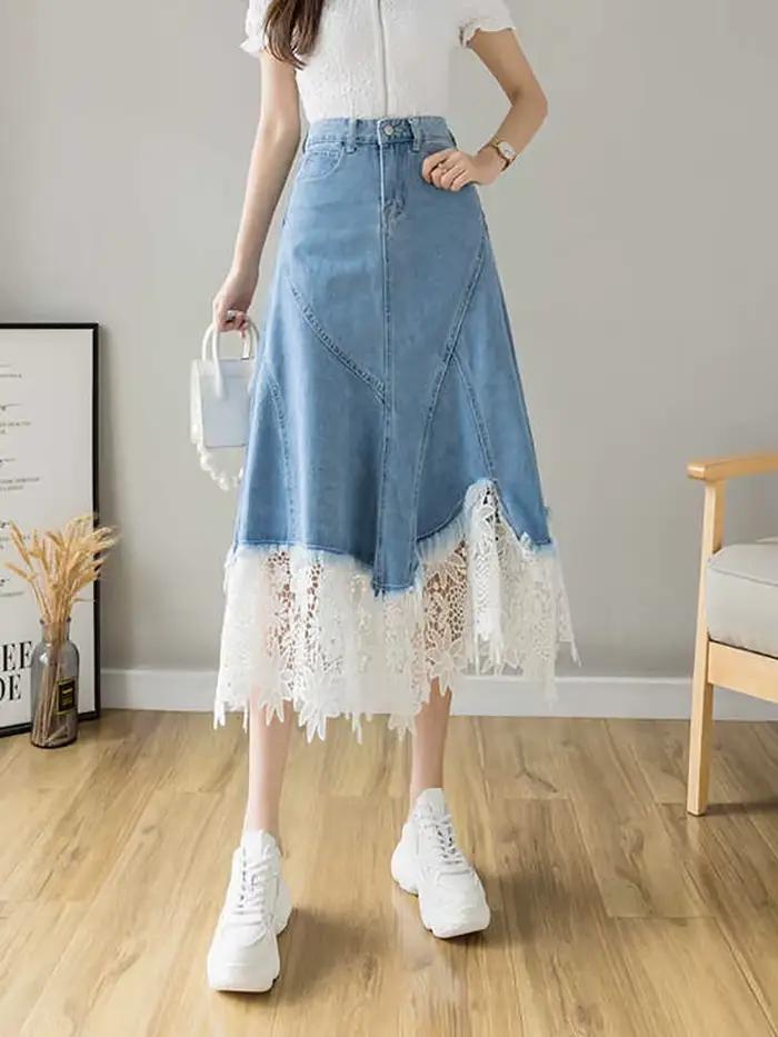 Jupe en jean Patchwork en dentelle pour femmes, nouvelle collection d'été rétro, taille haute, amincissante, mi-longue, jupe parapluie trapèze irrégulière