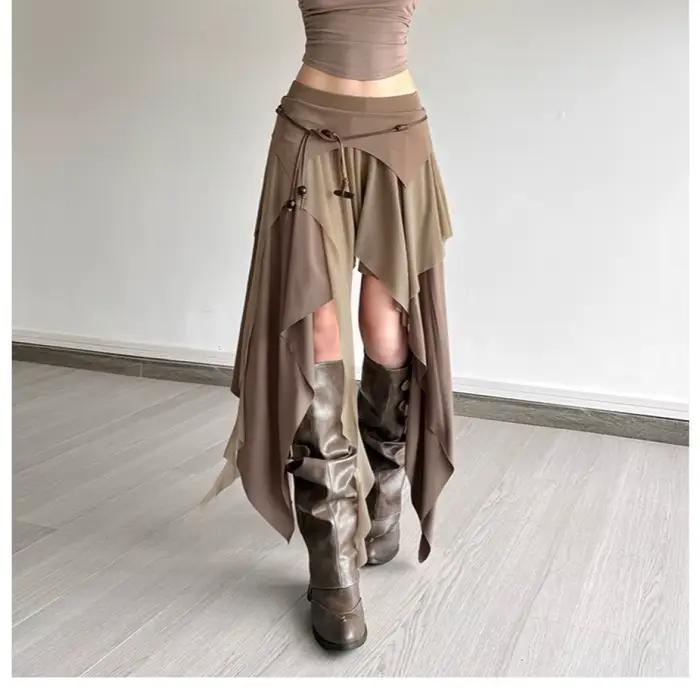 Froncé élégant jupes longues femmes haute rue Style solide irrégulière ourlet fendu taille