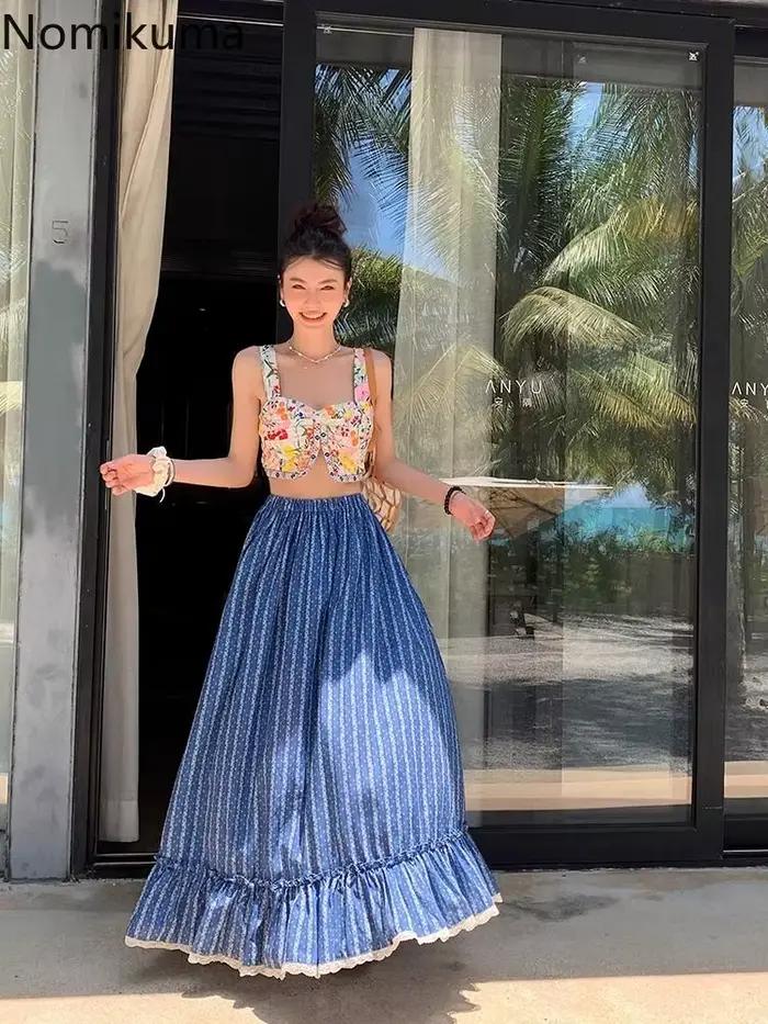 Jupe Saia Trapèze Rayée Coton Polyester Femme Occasions Spéciales Été 2025 Volants Décoratifs
