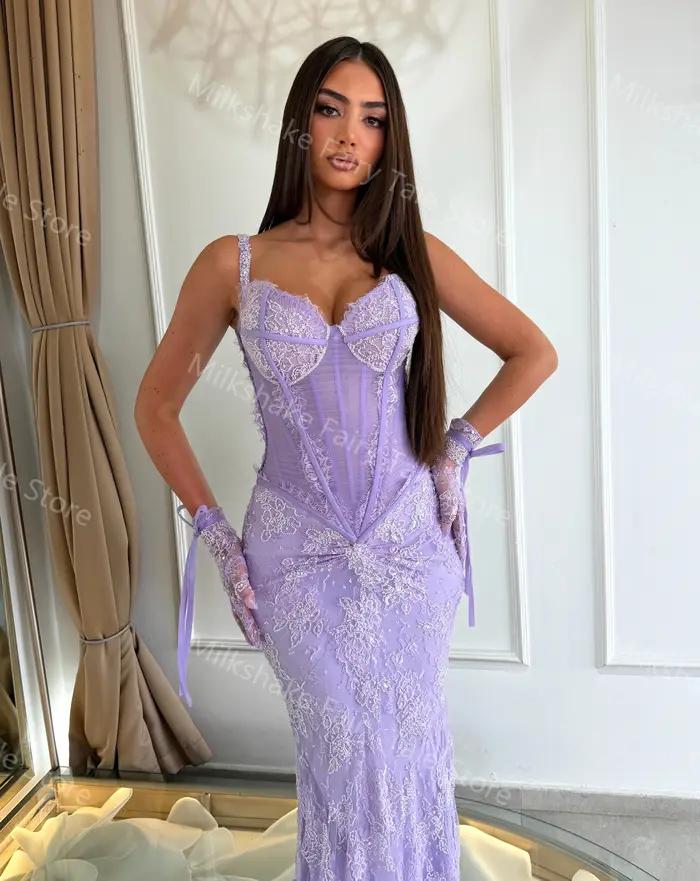 Robes de soirée lavande glamour en dentelle complète sans manches pour femmes, robes de bal longues style sirène, robes personnalisées pour occasions spéciales