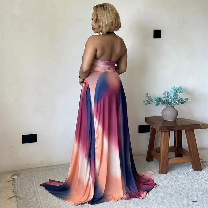 Robe longue trapèze plissée à imprimé dégradé pour femme, dos nu, sans manches, avec ceinture, sexy