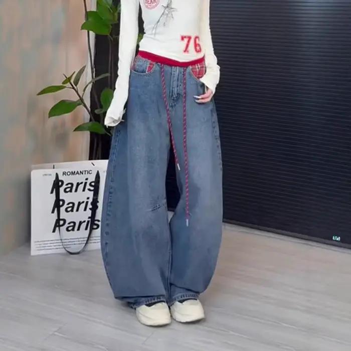 Jean droit taille haute avec cordon de serrage