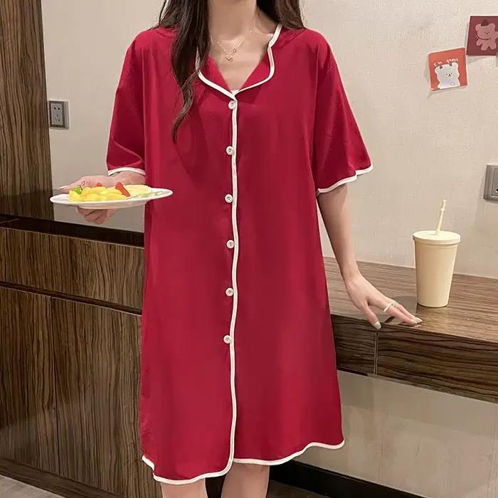 Grande taille M-4XL chemise de nuit pour femmes été doux à manches courtes robe de maison glace soie jupe de nuit Cardigan mignon robe de nuit coréenne