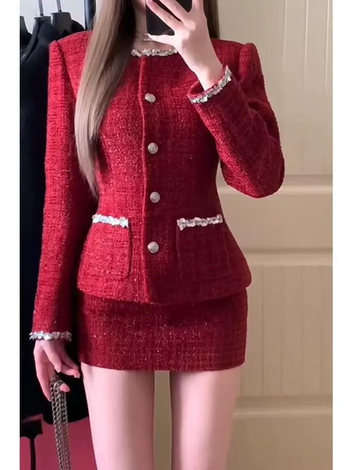 Ensemble deux pièces en Tweed rouge pour femmes, avec blazer et jupe, détails en dentelle et boutons, ensemble de mode Chic pour événements formels décontractés