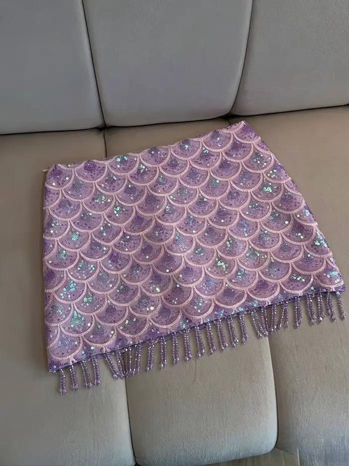 Jupe courte à sequins pour femme, polyester, coupe trapèze, taille haute, mini, collection Printemps Été 2026, plage, vacances