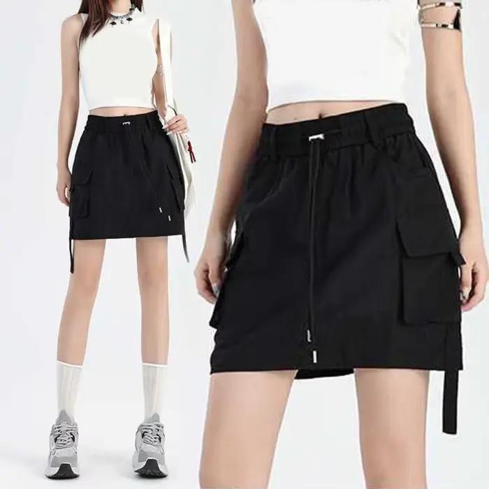 Jupe cargo ample taille haute à lacets et grandes poches, style streetwear pour femme, coupe mi-longue, style Spicy Girl