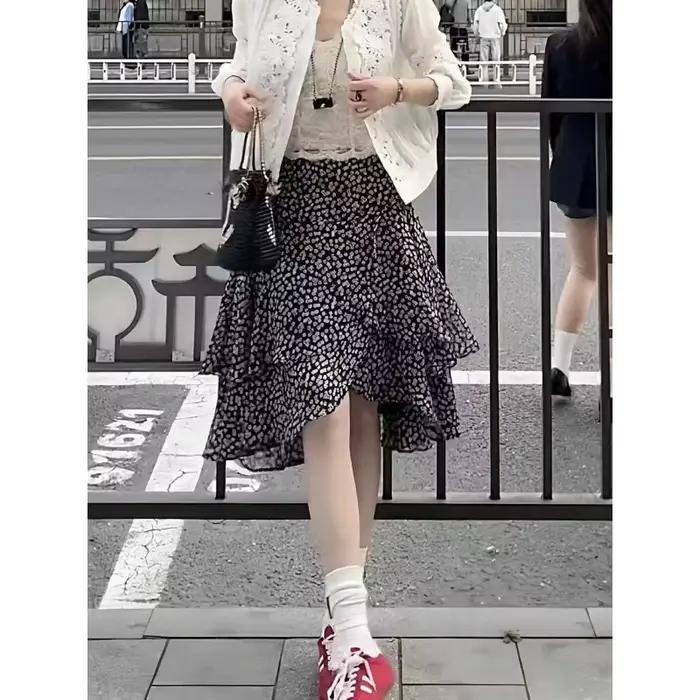 Jupe midi superposée à imprimé floral et ourlet irrégulier pour femme