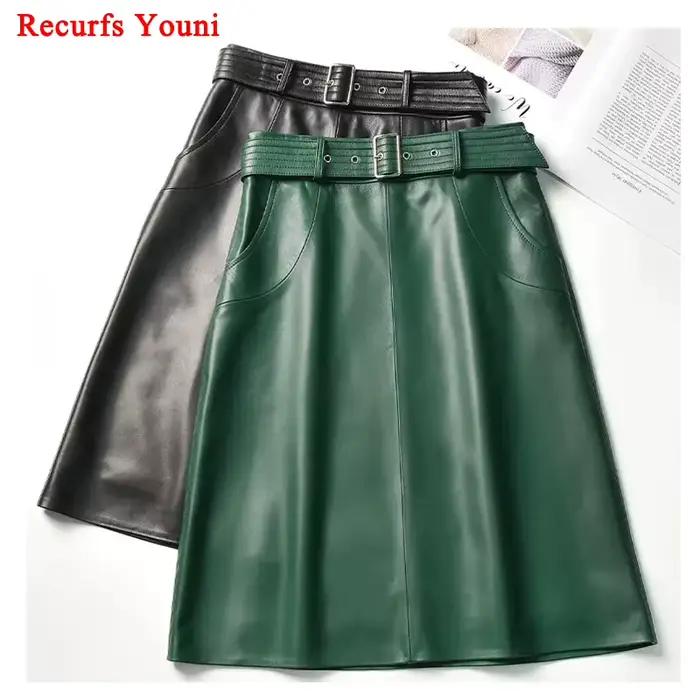 Jupe en cuir véritable Recurfs Youni avec poches, coupe une ligne, élégante pour femmes, occassions formelles et quotidiennes
