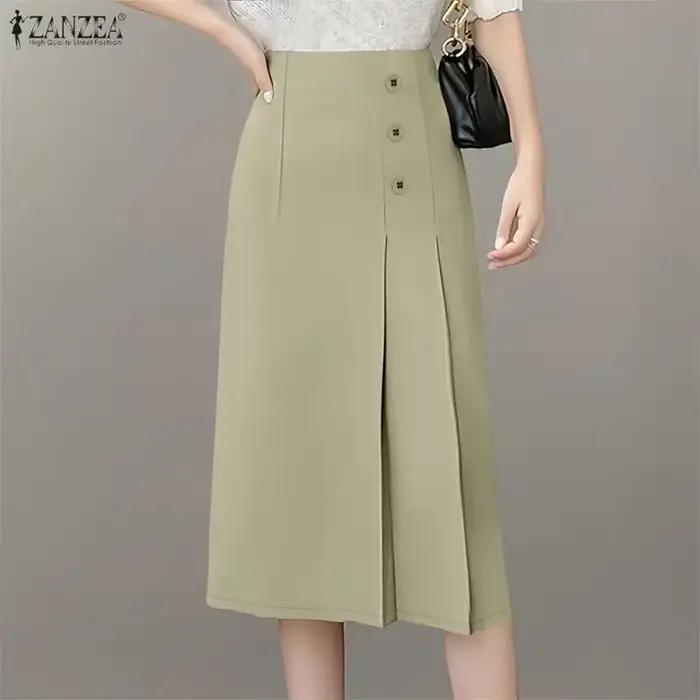ZANZEA Jupe Midi Unie d'Été Élégante pour Femme, Taille Haute, Plissée, Style OL, pour Soirée et Travail, Grande Taille