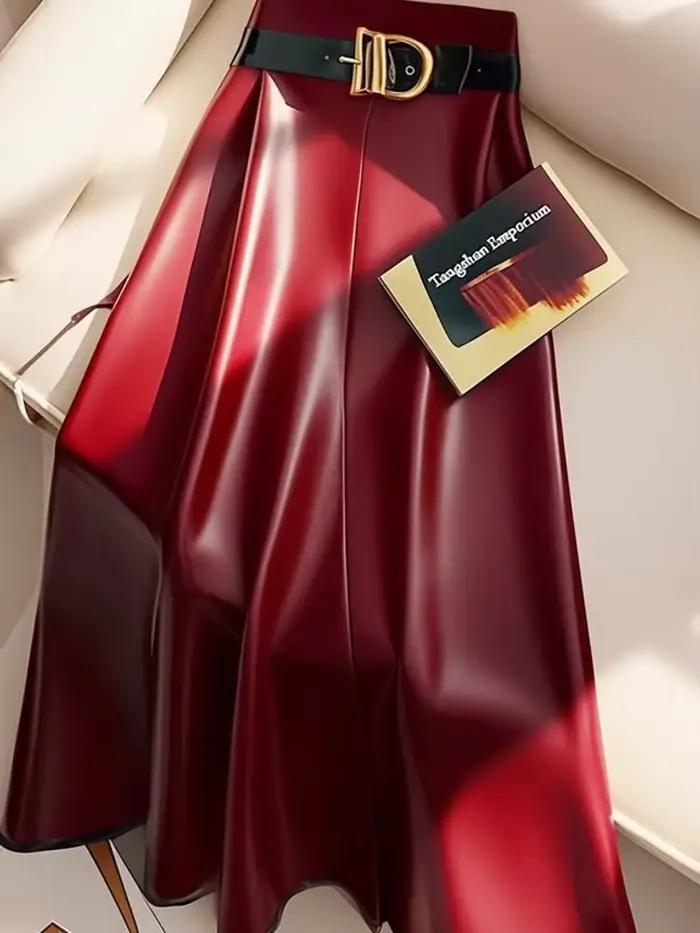 Jupe mi-longue en cuir PU rouge pour femmes