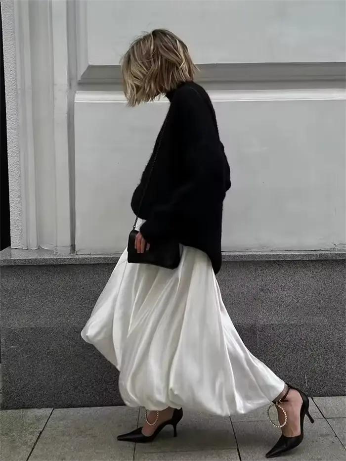 Mode Beige Satin jupes pour femmes élégant taille haute bureau dame cheville longueur jupe décontracté