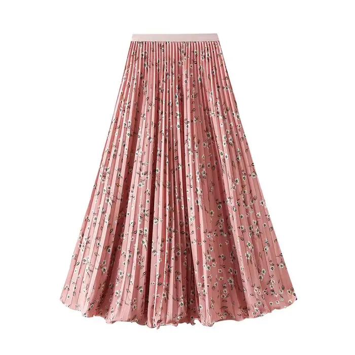 Jupe longue plissée mi-longue taille haute à imprimé floral coréen pour femme, style bohème, avec large ourlet et taille élastique