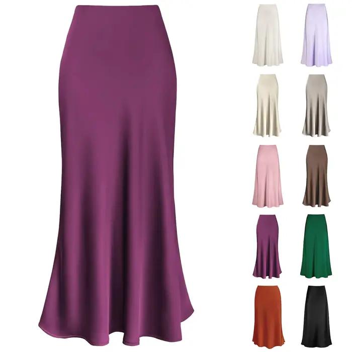 Jupe longue en satin de soie élégante à volants pour femmes, couleur unie, fermeture éclair au dos, occassions spéciales, chez soi, quotidien, décontracté