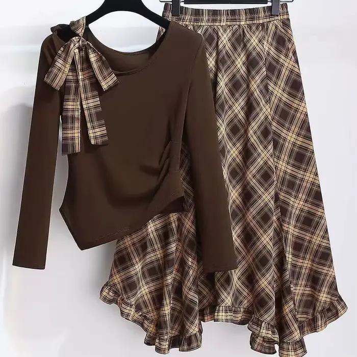 Ensemble jupe mi-longue en mousseline à carreaux tendance avec manches longues asymétriques, nouvelle robe fine printemps 2026 pour femme, élégante et polyvalente