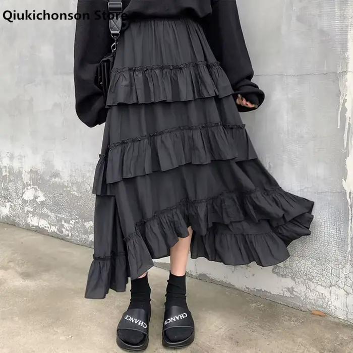Qiukichonson-Jupe Longue Midi pour Femme, Vêtement Maxi, Goth Lolita, Taille Haute, Bas, Froncé, à Volants, Style Rok, Été