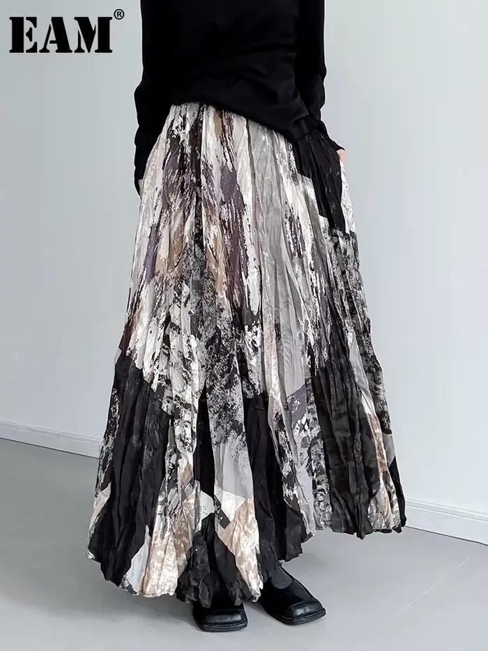 [EAM] taille haute élastique imprimé plissé élégant a-ligne demi-corps jupe femmes mode marée nouveau printemps automne 2026 1DJ5417
