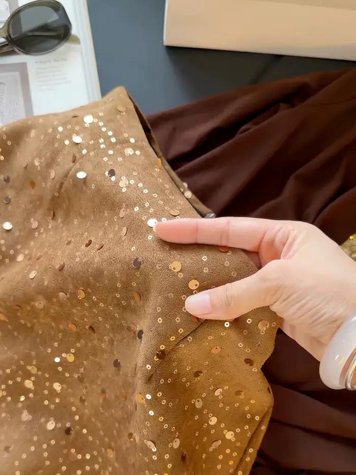 Jupe sexy en suède à sequins pour femme, nouvelle collection automne, taille haute, coupe trapèze, effet amincissant sur les hanches