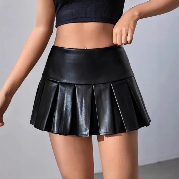 Jupe plissée Sexy en cuir Pu pour femmes
