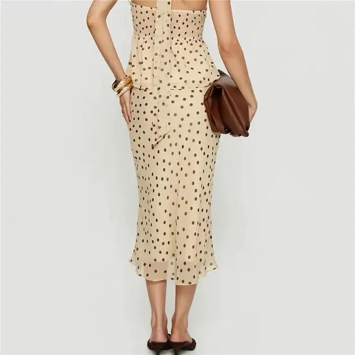 Jupe longue sirène fluide à pois en mousseline rétro taille haute pour femme avec ourlet à volants