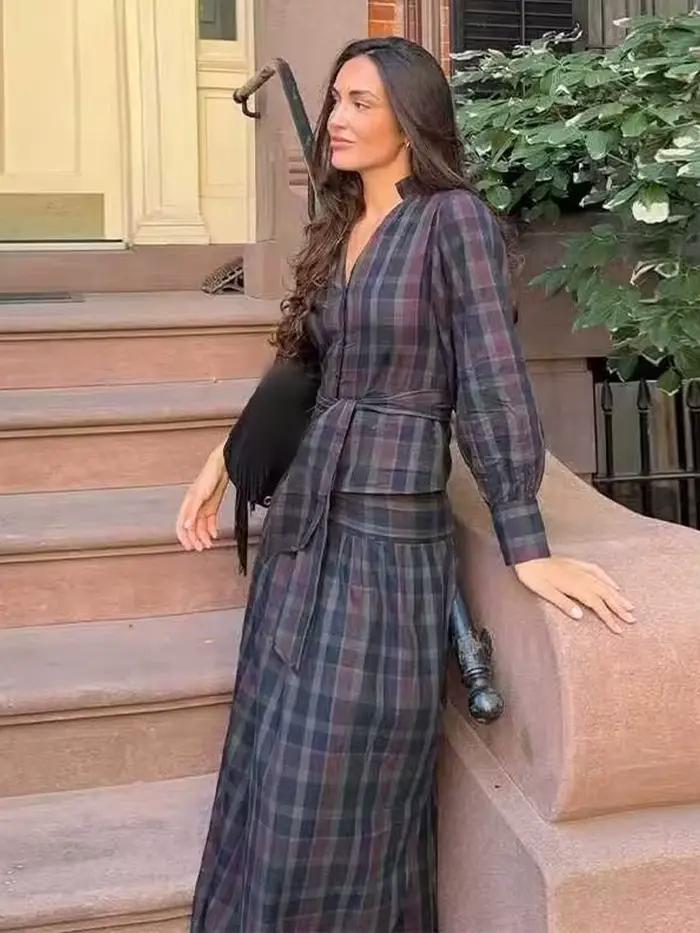 HH femme jupe costume mode Plaid manches longues simple boutonnage col en V chemise hauts + Chic taille haute fermeture