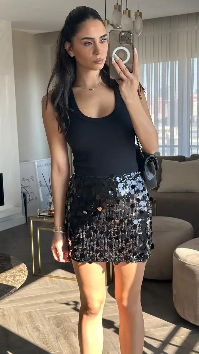 Paillettes argent brillant jupes courtes pour les femmes fête Sexy noir