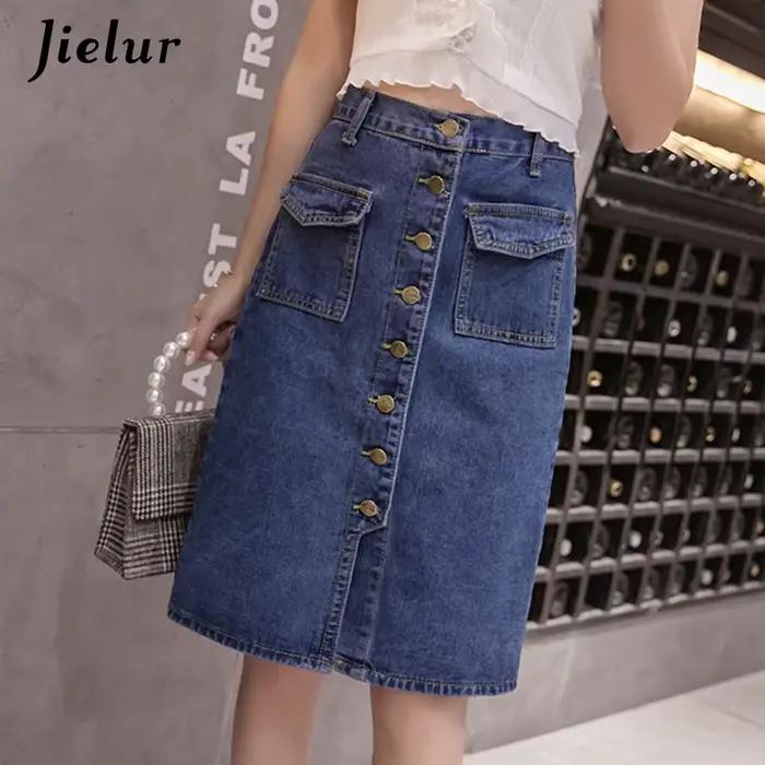 Jielur Taille Haute Denim Jupes lèvent Poches Classique Jeans Jupe pour Femmes S-5XL