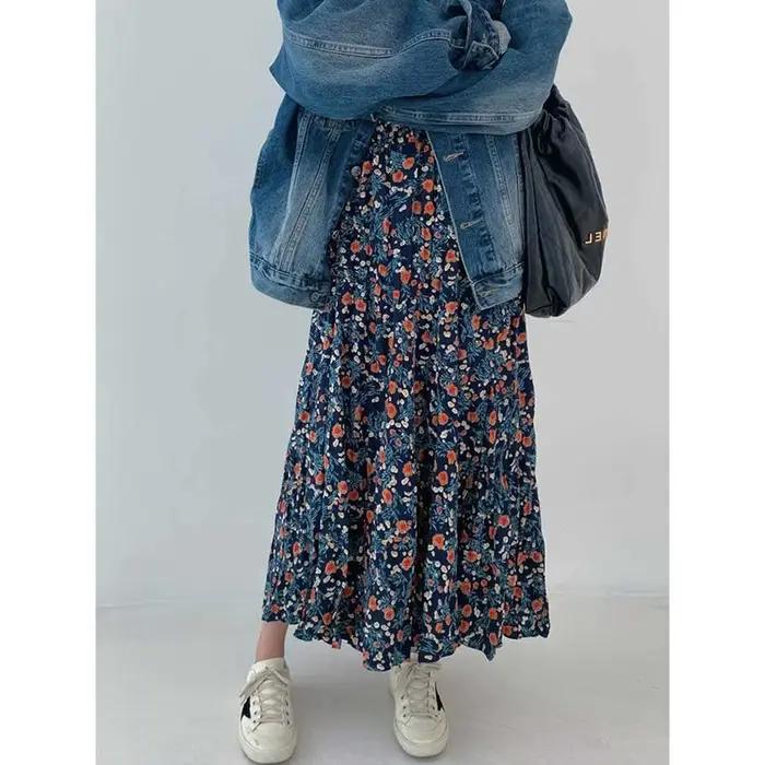 Jupe midi à imprimé floral bleu pour femme