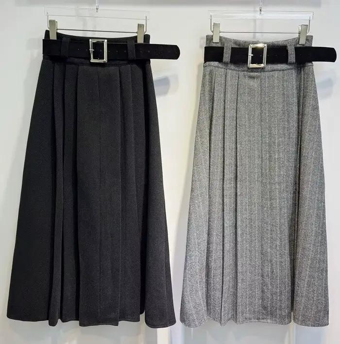 Nouveau 2025 hiver jupe longue de haute qualité laine mélange femmes ceinture Patchwork décontracté