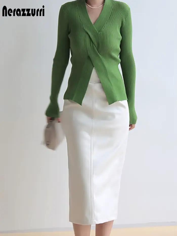 Nerazzurri-Jupe mi-longue en cuir PU pour femme, jupes crayon taille haute, fermeture éclair fendue sur le côté, marron, blanc, noir, printemps, 2023