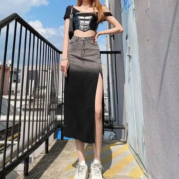 Jupe en jean taille haute avec fente pour femme