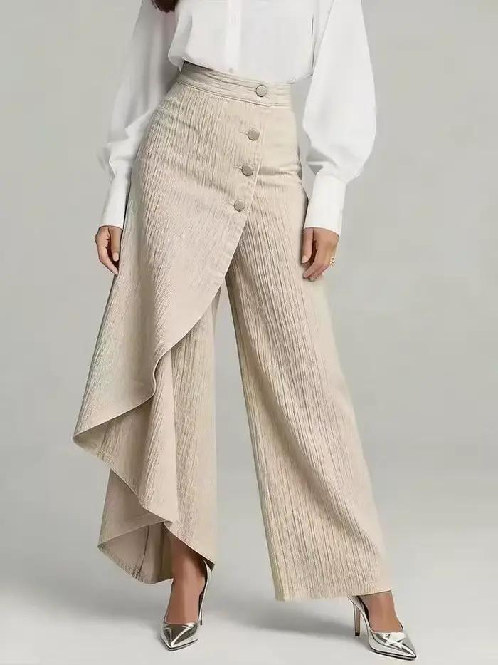 Jupe-culotte en jean pour femme, style vintage, avec boutons, coupe large, taille haute irrégulière, pantalon droit, élégant, avec empiècements, pour l'été