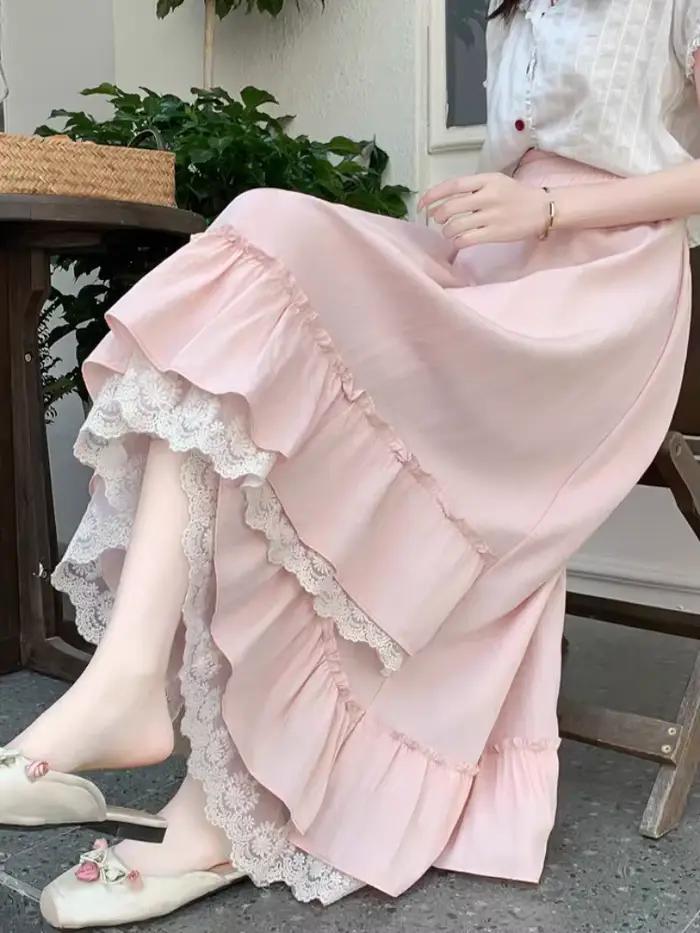 Jupe trapèze élégante en dentelle rose