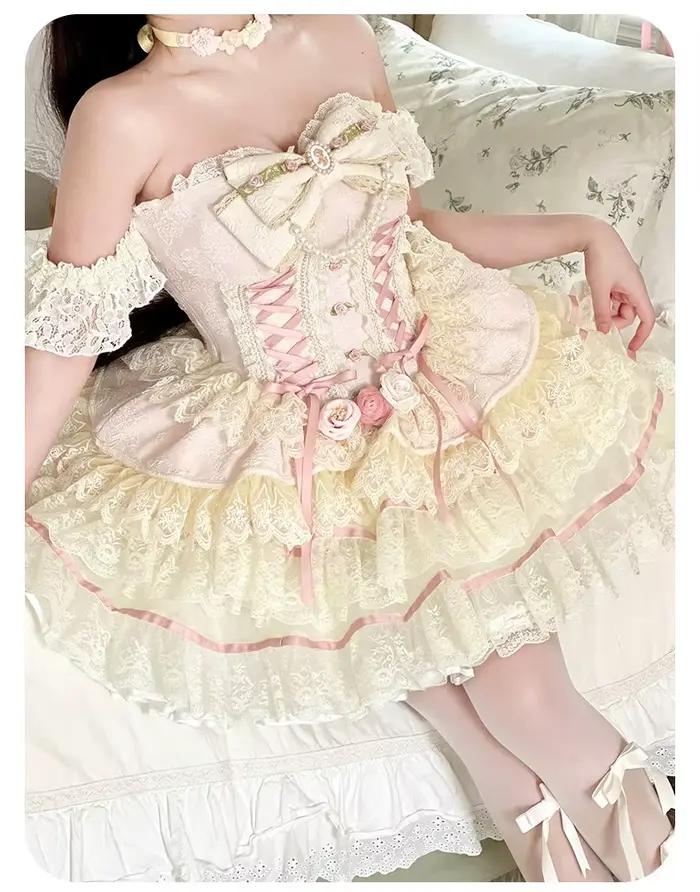 Jupe rose Lolita originale pour filles, style junior, avec noeuds aught, dégradé initié, tube top, hot girl, JK, kawaii cake, mini jupe d'été trempée